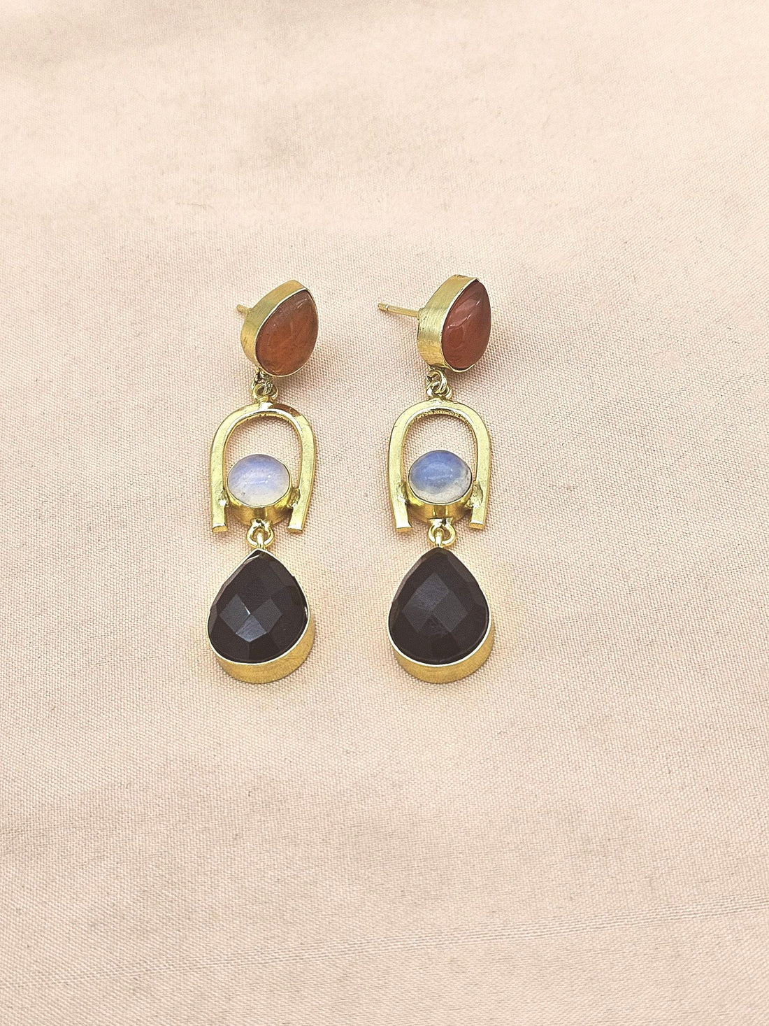 Handmade Gold Plated Red Onyx-Sy.Opal-Black Onyx Stone Earrings – Elegant Designer Dangles