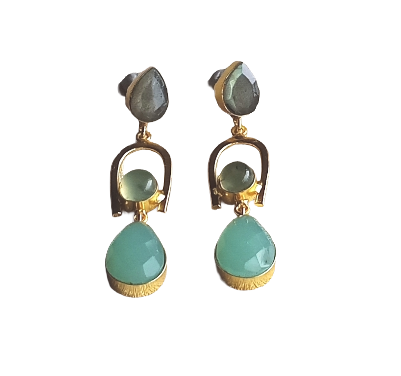 Handcrafted Gold Plated Labradorite-Prehnite-Aqua Stone Earrings – Elegant Designer Dangles