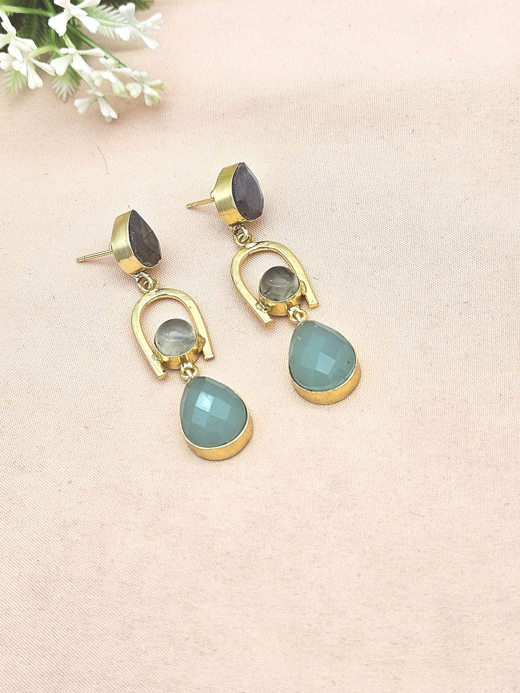 Handcrafted Gold Plated Labradorite-Prehnite-Aqua Stone Earrings – Elegant Designer Dangles
