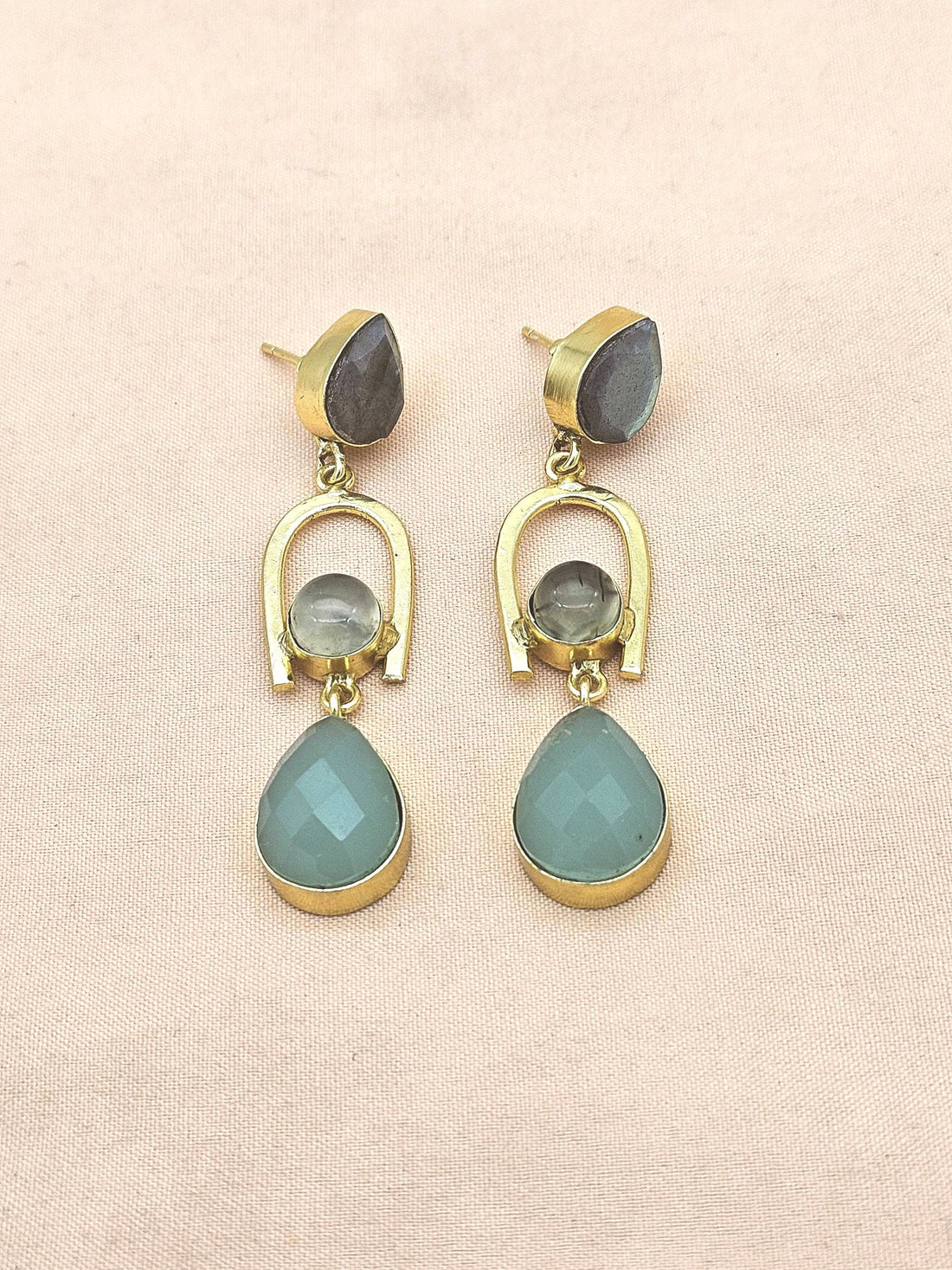 Handcrafted Gold Plated Labradorite-Prehnite-Aqua Stone Earrings – Elegant Designer Dangles
