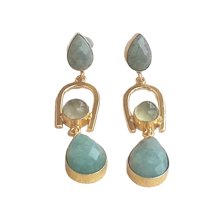 Handcrafted Gold Plated Amazonite-Prehnite Stone Earrings – Elegant Designer Dangles
