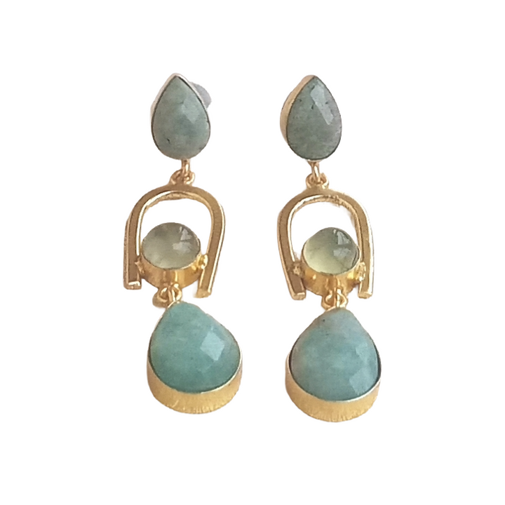 Handcrafted Gold Plated Amazonite-Prehnite Stone Earrings – Elegant Designer Dangles