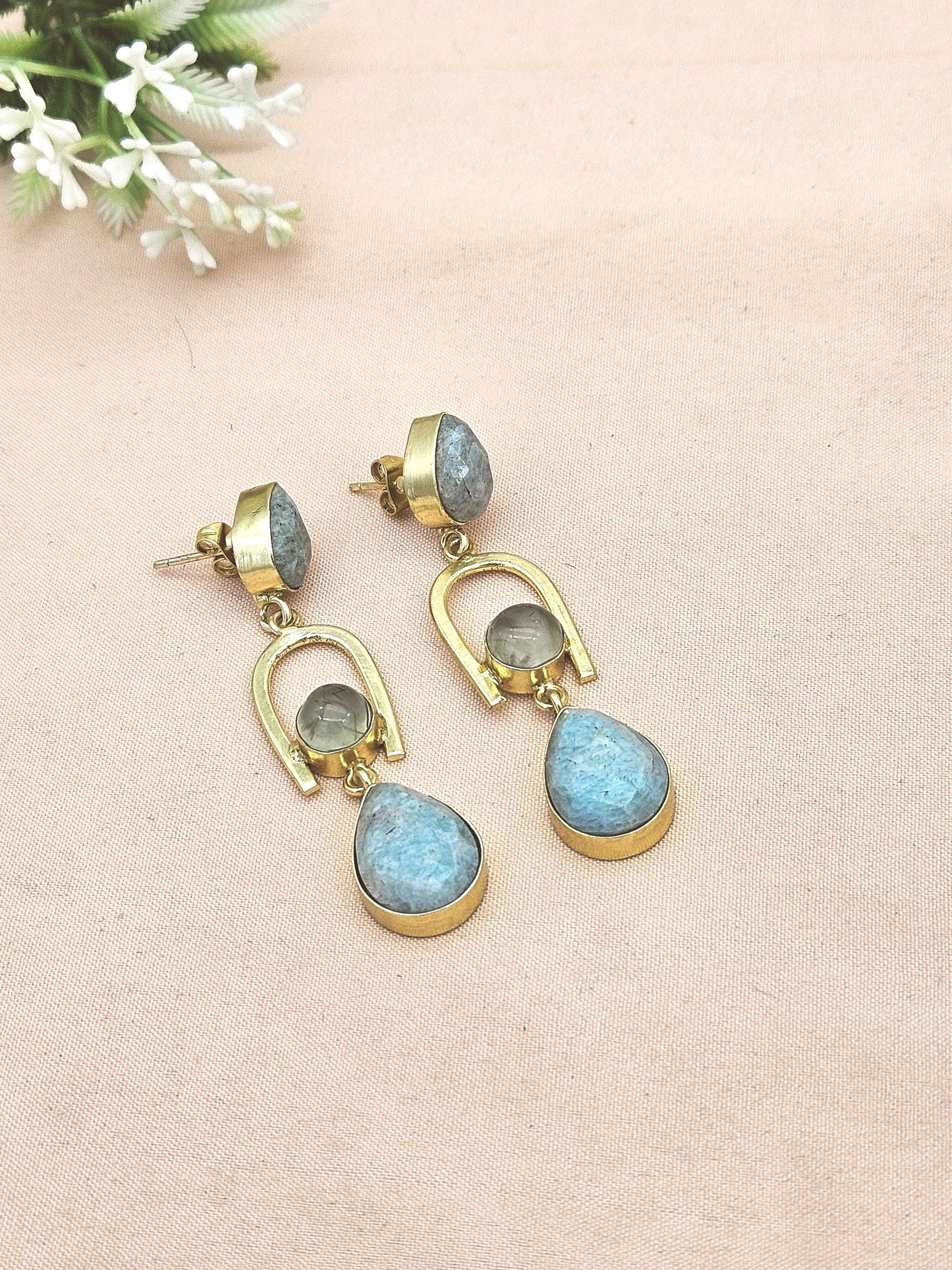 Handcrafted Gold Plated Amazonite-Prehnite Stone Earrings – Elegant Designer Dangles