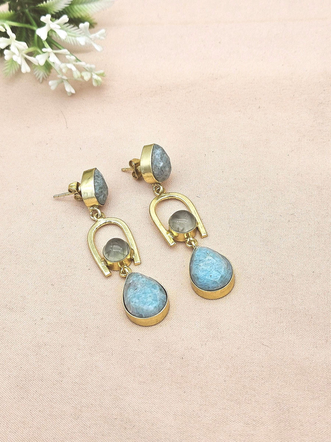 Handcrafted Gold Plated Amazonite-Prehnite Stone Earrings – Elegant Designer Dangles