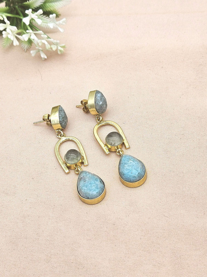 Handcrafted Gold Plated Amazonite-Prehnite Stone Earrings – Elegant Designer Dangles