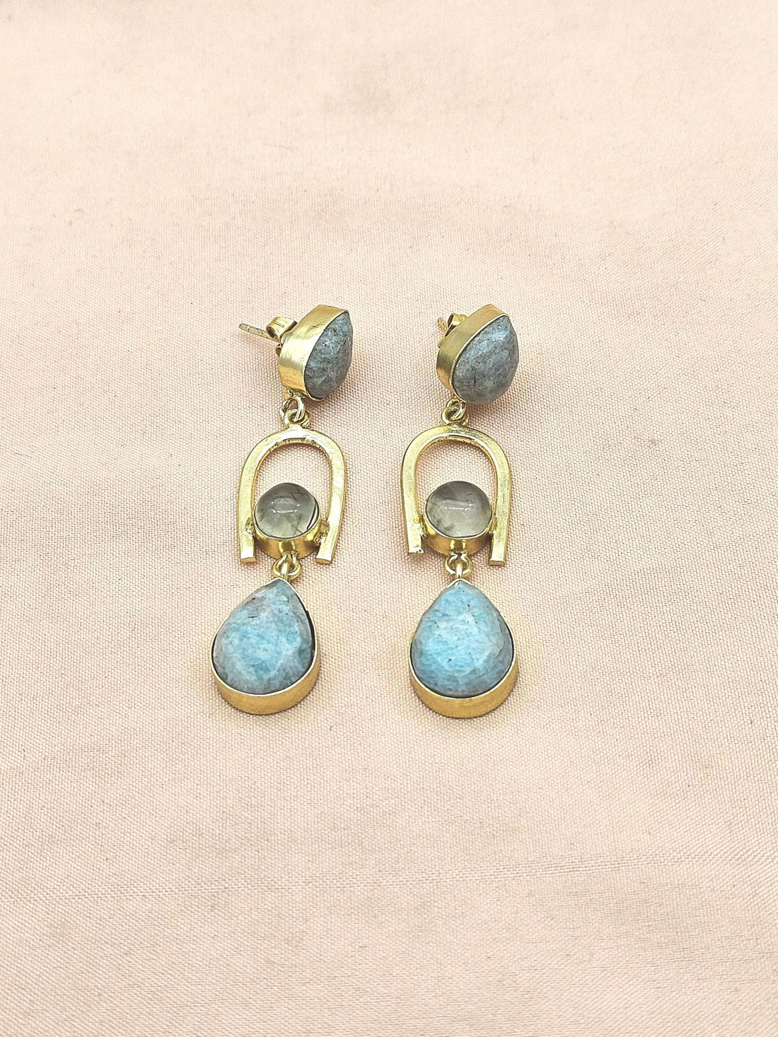 Handcrafted Gold Plated Amazonite-Prehnite Stone Earrings – Elegant Designer Dangles