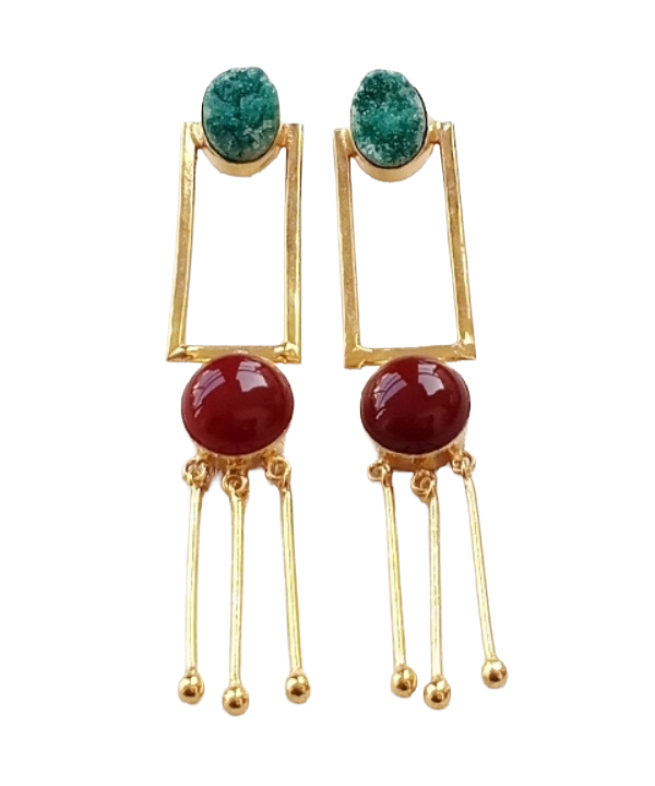 Elegant Gold Plated Green Druzy-Red Onyx Long Dangle Earrings – Handmade Gemstone Jewelry
