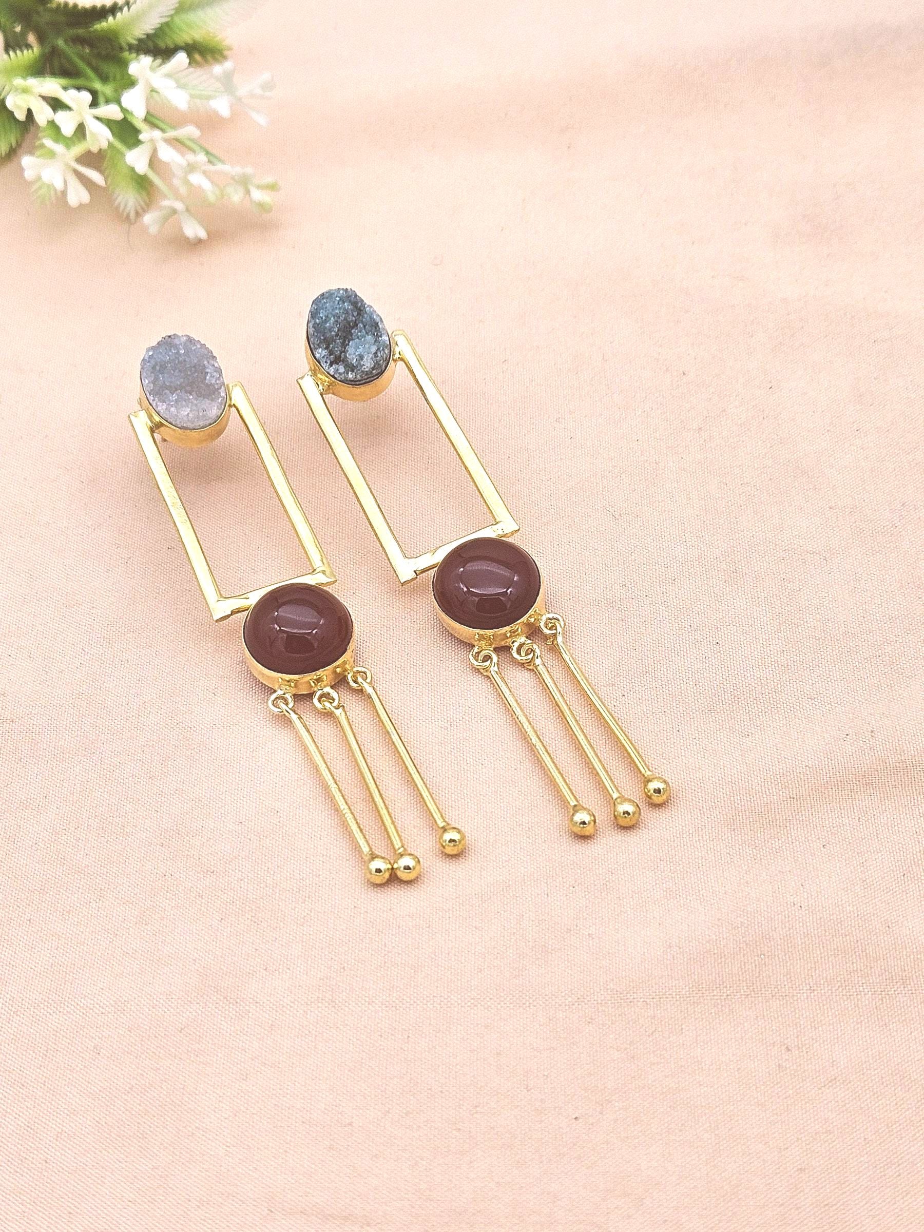 Elegant Gold Plated Green Druzy-Red Onyx Long Dangle Earrings – Handmade Gemstone Jewelry