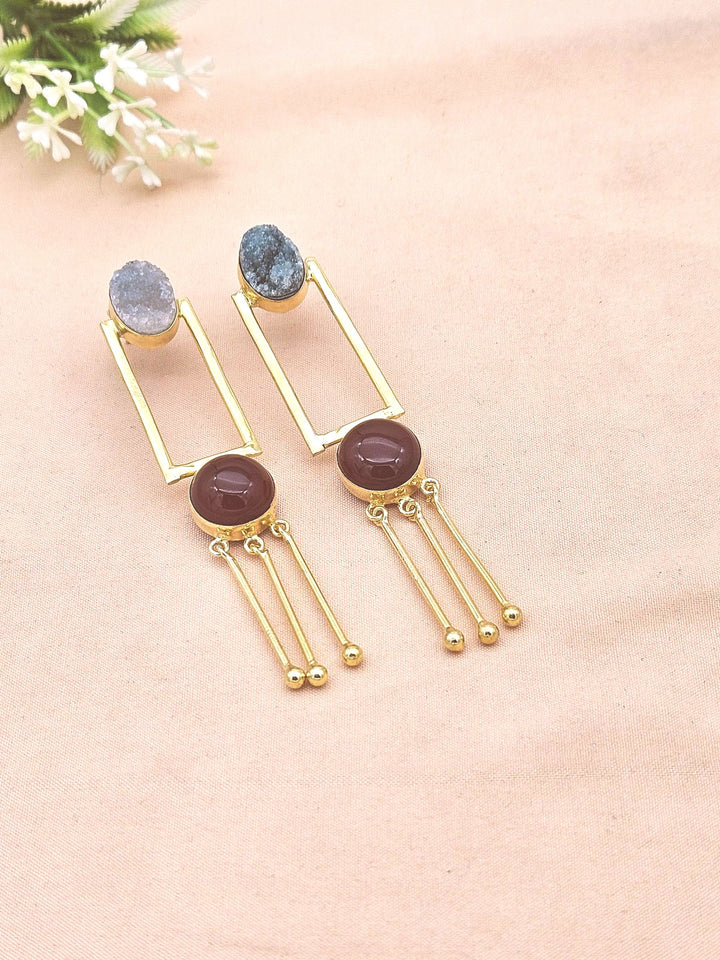 Elegant Gold Plated Green Druzy-Red Onyx Long Dangle Earrings – Handmade Gemstone Jewelry