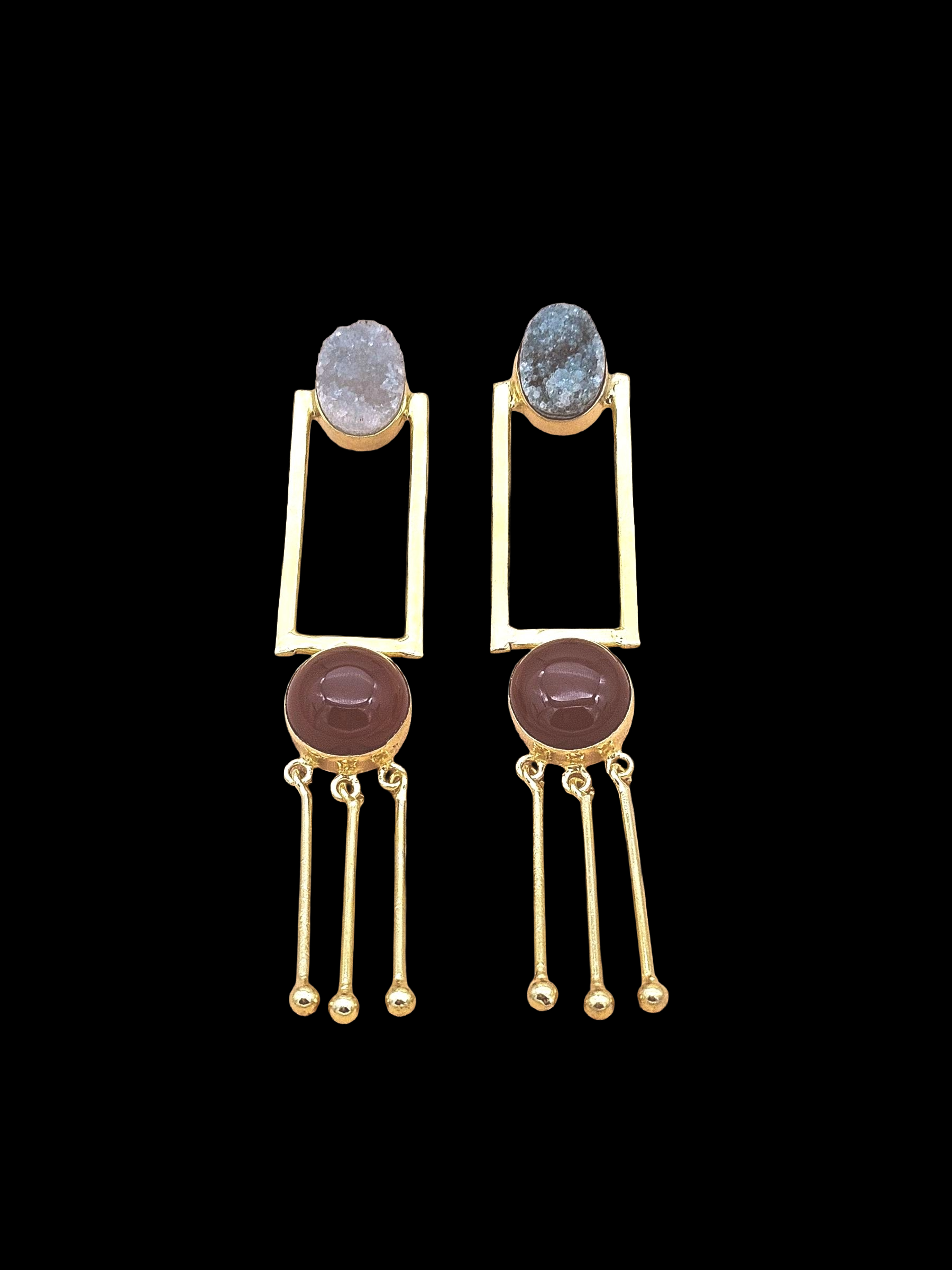 Elegant Gold Plated Green Druzy-Red Onyx Long Dangle Earrings – Handmade Gemstone Jewelry