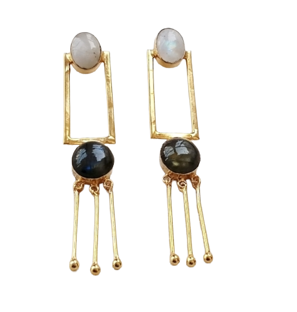 Boho Gold Plated Labradorite-White Rainbow Earrings – Handmade Long Drop Jewelry