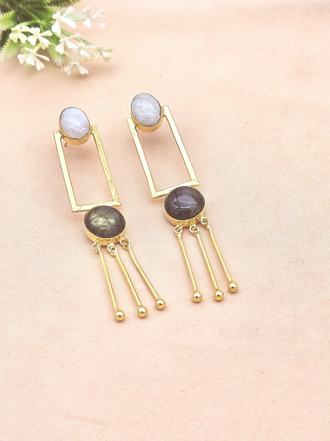 Boho Gold Plated Labradorite-White Rainbow Earrings – Handmade Long Drop Jewelry
