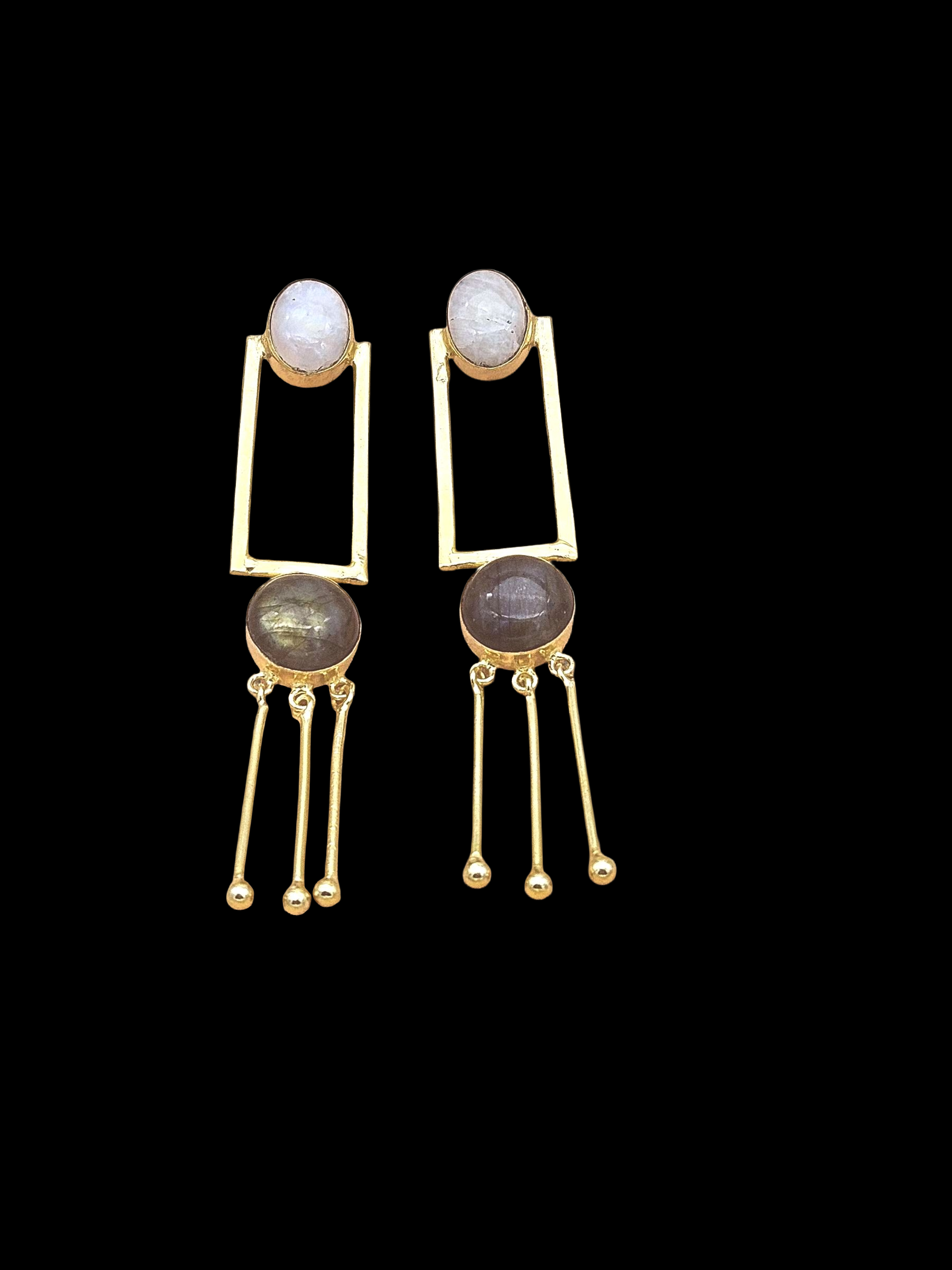 Boho Gold Plated Labradorite-White Rainbow Earrings – Handmade Long Drop Jewelry