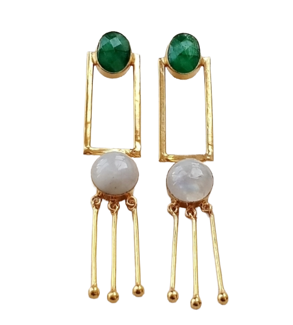Handcrafted Green Hathipara & White Rainbow Earrings – Gold Plated Long Designer Dangles