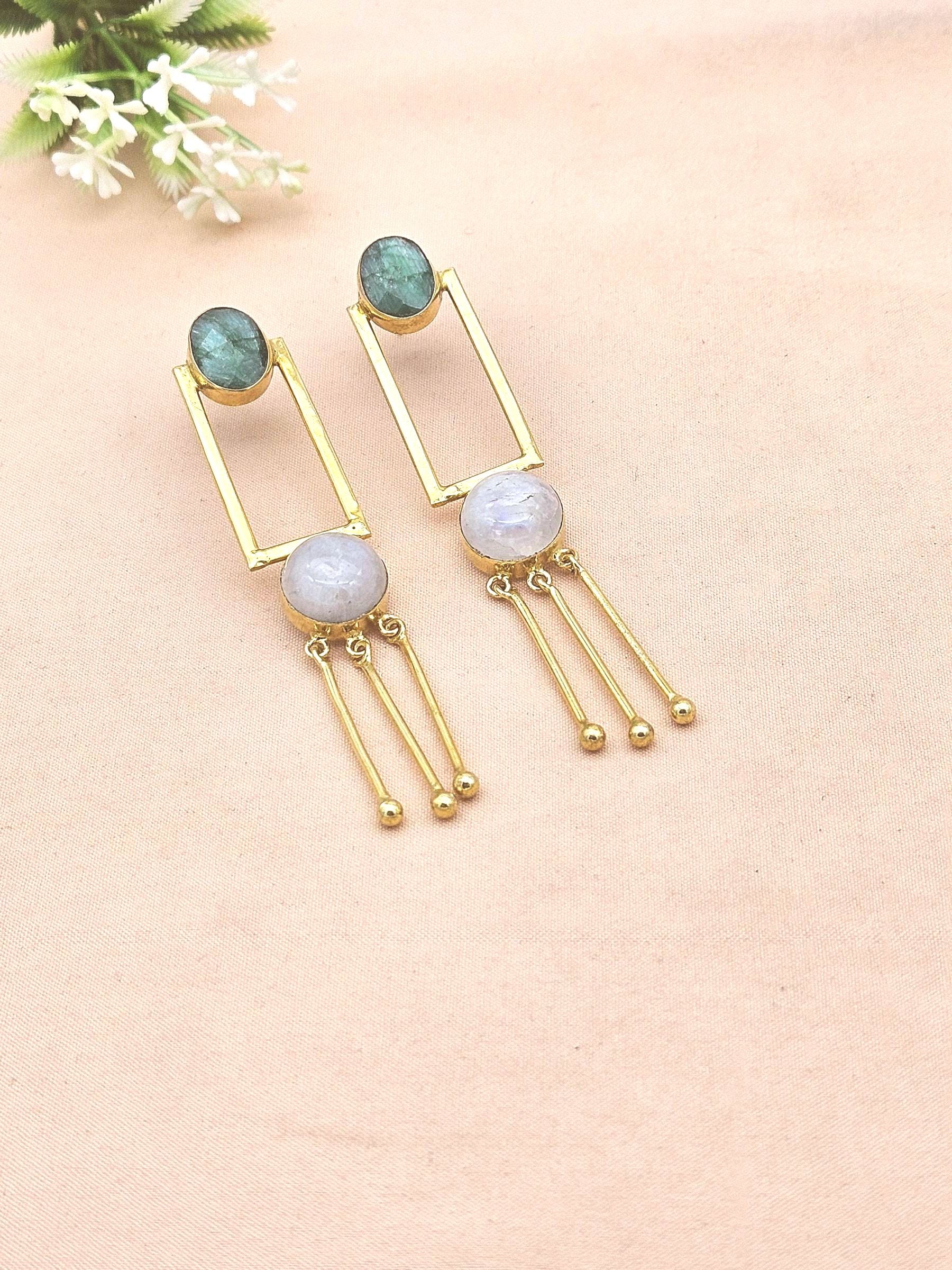 Handcrafted Green Hathipara & White Rainbow Earrings – Gold Plated Long Designer Dangles