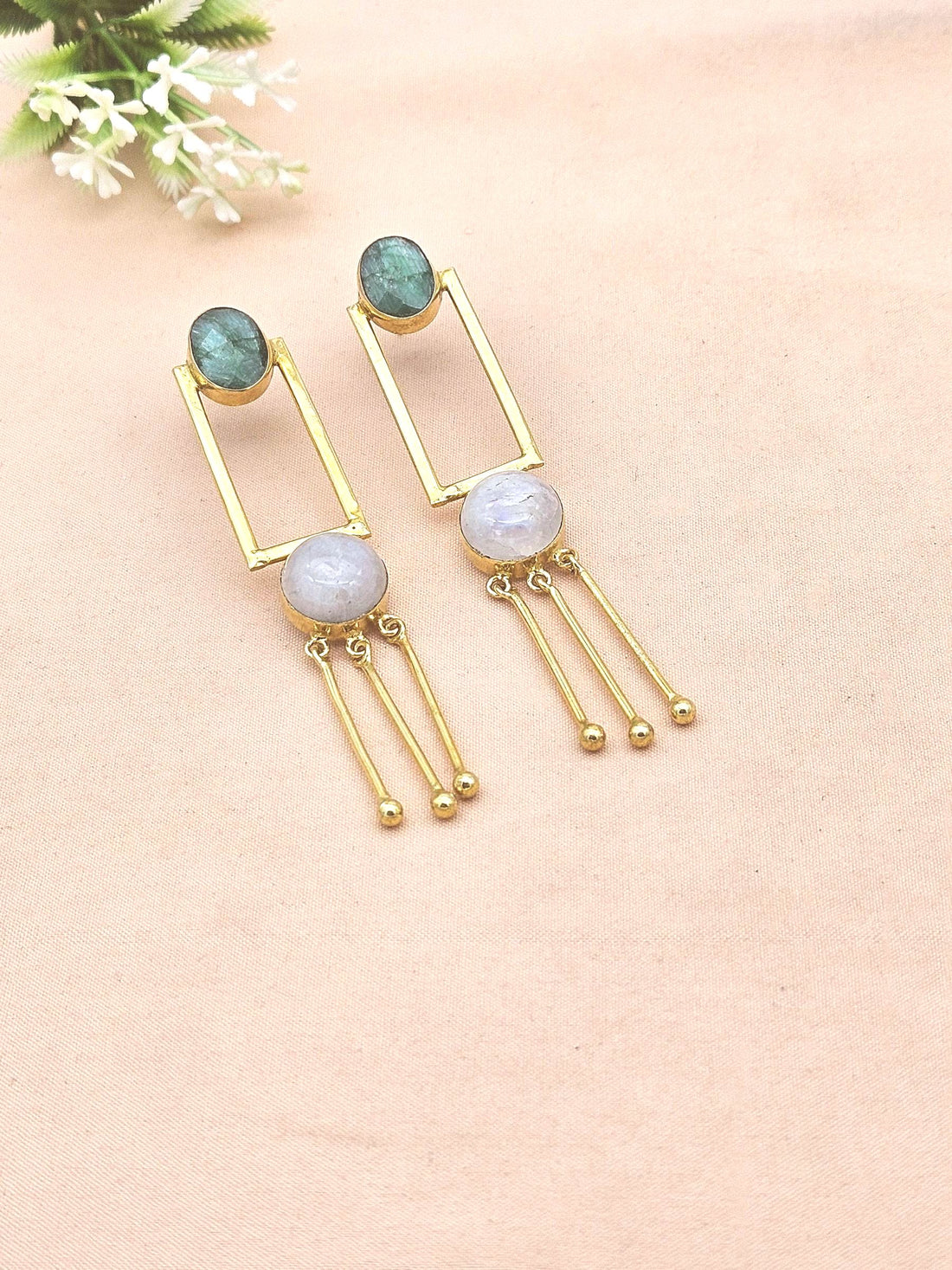 Handcrafted Green Hathipara & White Rainbow Earrings – Gold Plated Long Designer Dangles