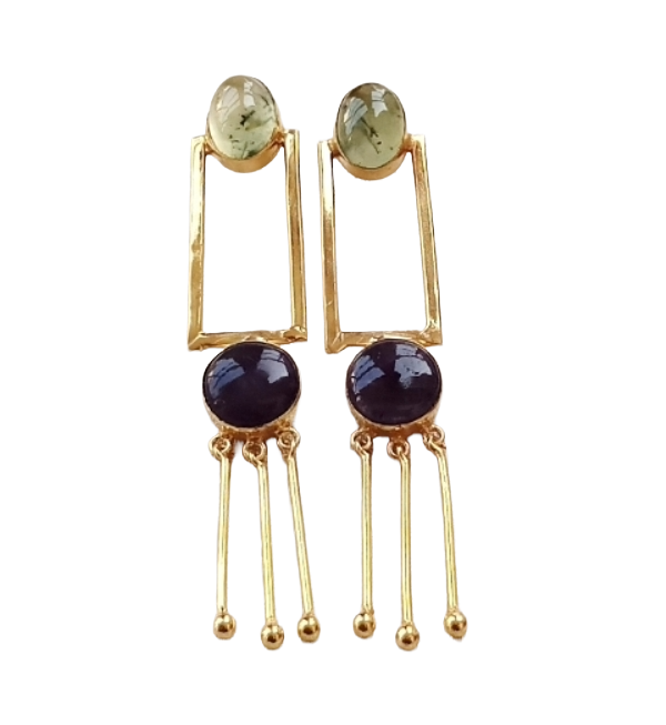 Handcrafted Prehnite & Amethyst Earrings – Gold Plated Long Designer Dangles