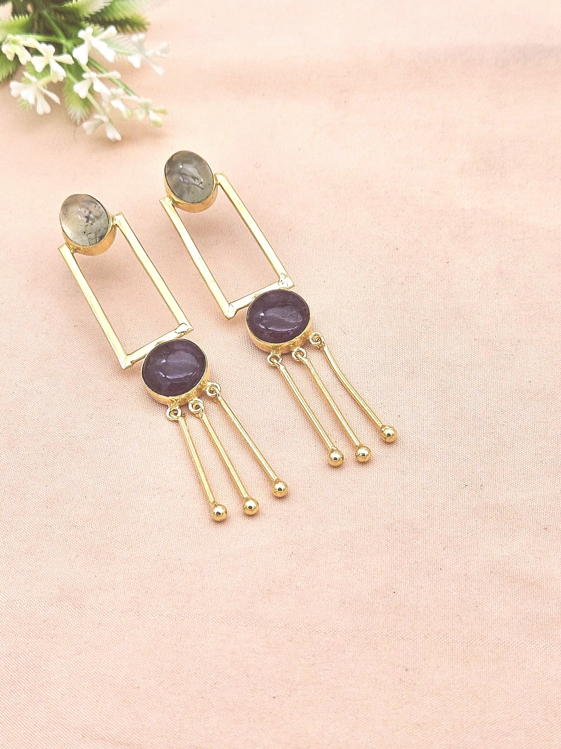 Handcrafted Prehnite & Amethyst Earrings – Gold Plated Long Designer Dangles