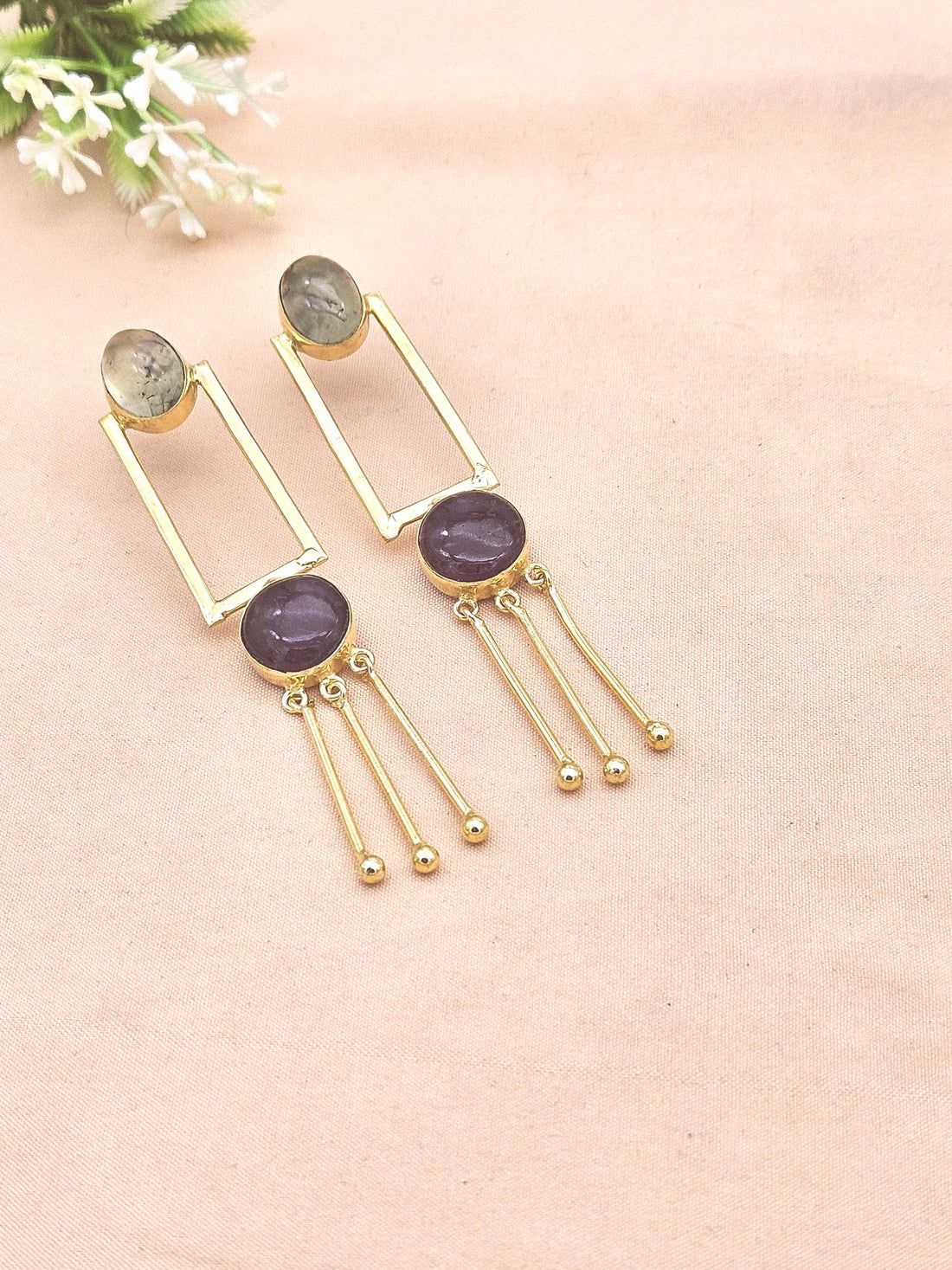 Handcrafted Prehnite & Amethyst Earrings – Gold Plated Long Designer Dangles