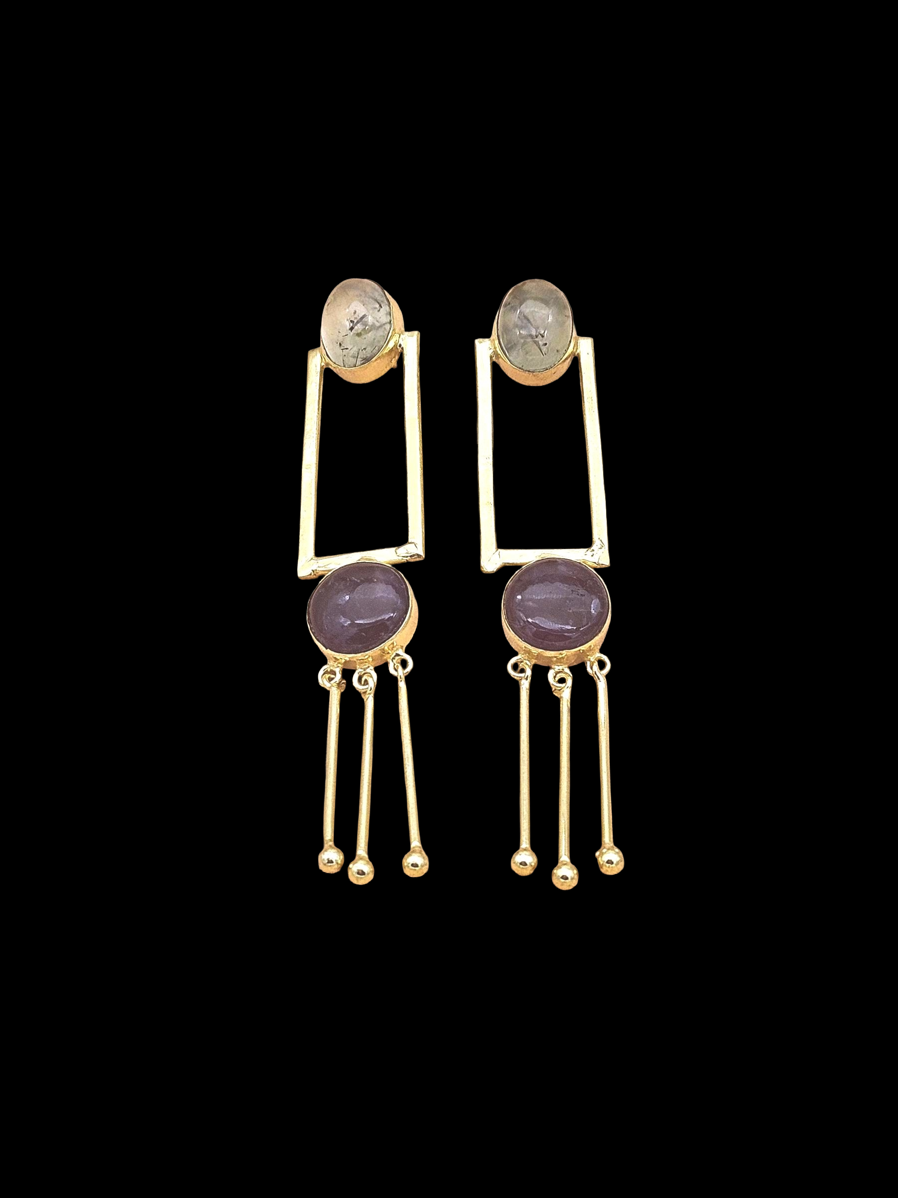 Handcrafted Prehnite & Amethyst Earrings – Gold Plated Long Designer Dangles