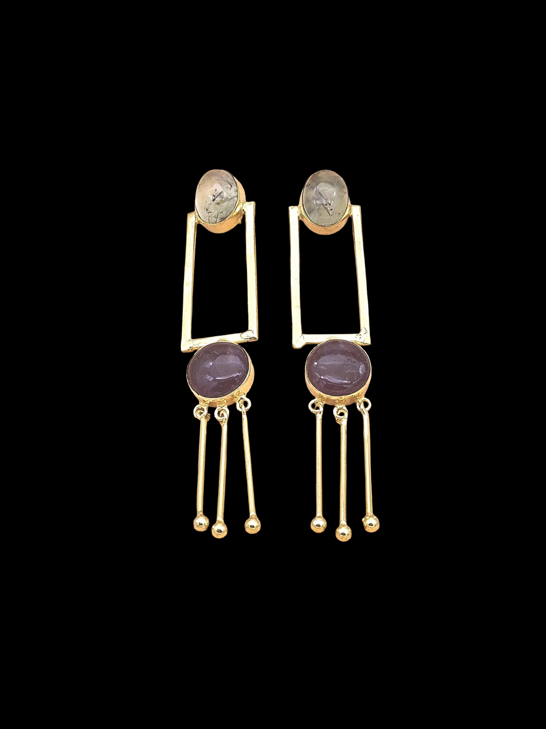 Handcrafted Prehnite & Amethyst Earrings – Gold Plated Long Designer Dangles
