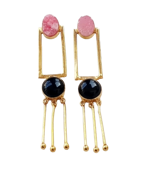 Charming Gold Plated Long Earrings with Pink Druzy & Black Onyx Gemstones