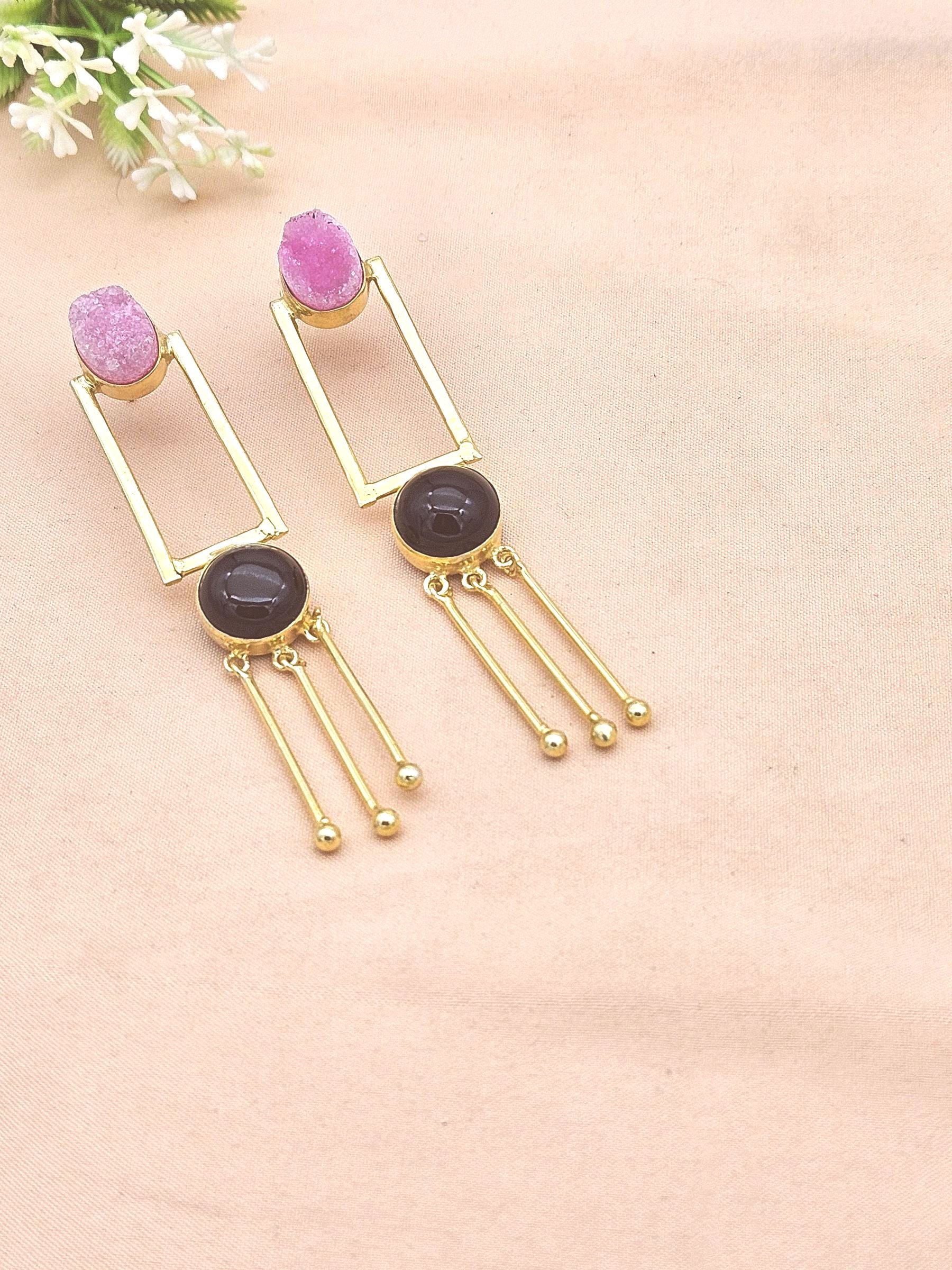 Charming Gold Plated Long Earrings with Pink Druzy & Black Onyx Gemstones