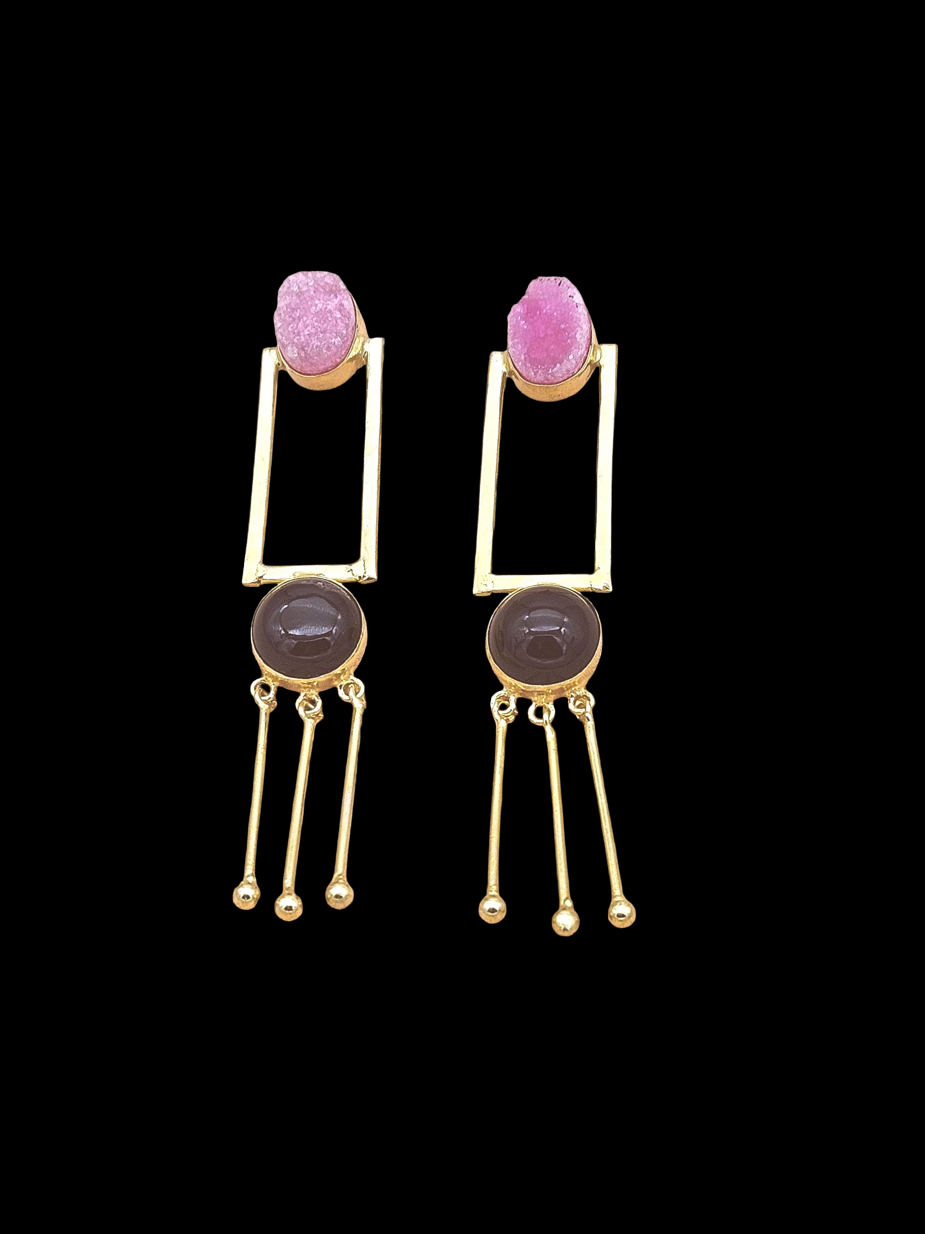 Charming Gold Plated Long Earrings with Pink Druzy & Black Onyx Gemstones