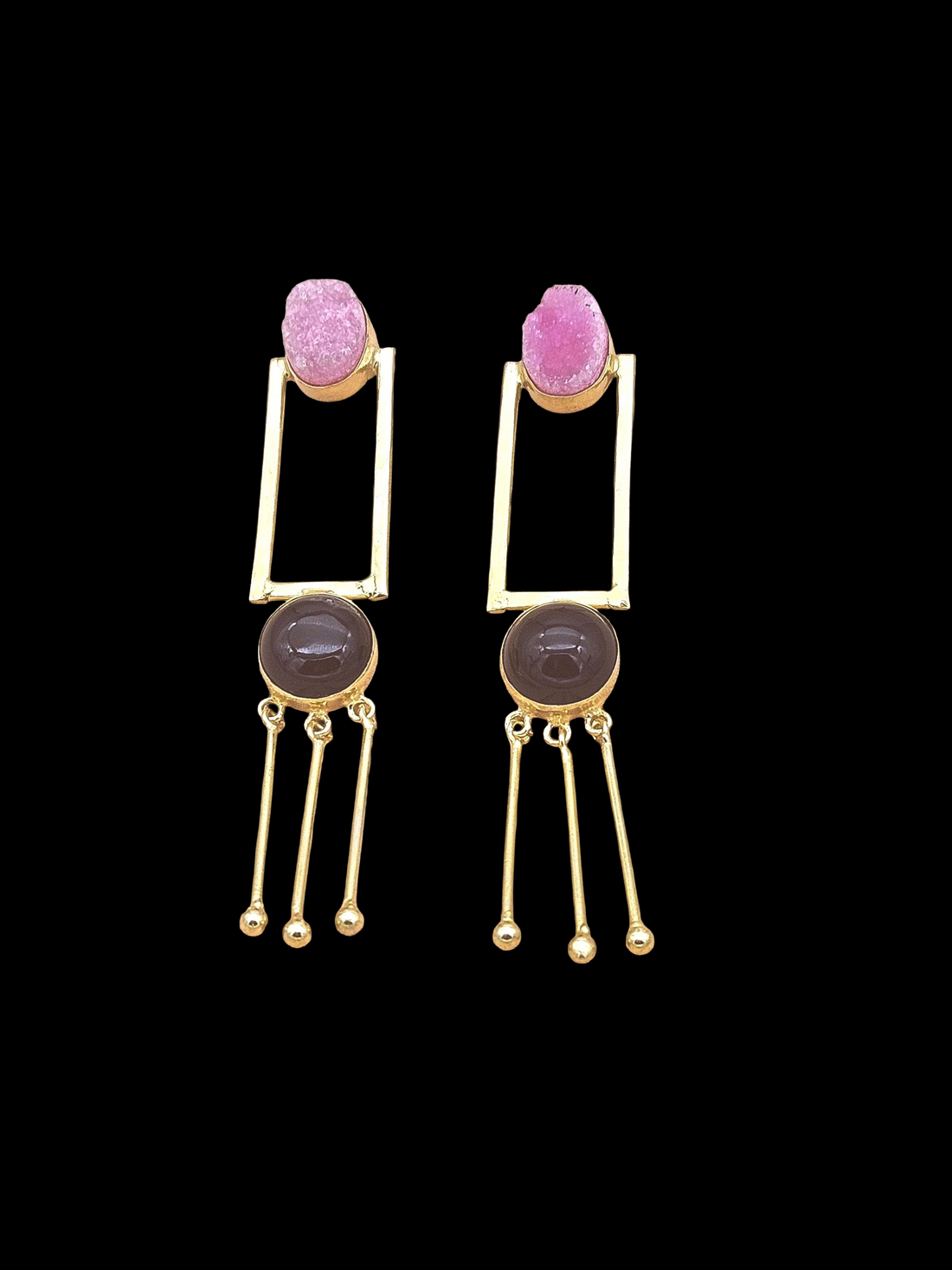 Charming Gold Plated Long Earrings with Pink Druzy & Black Onyx Gemstones