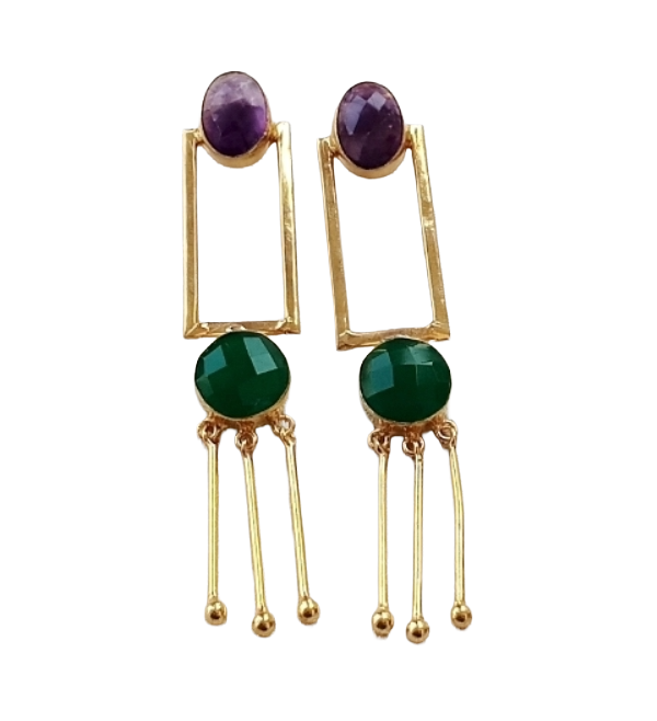 Elegant Gold Plated Amethyst-Green Onyx Long Dangle Earrings – Handmade Gemstone Jewelry