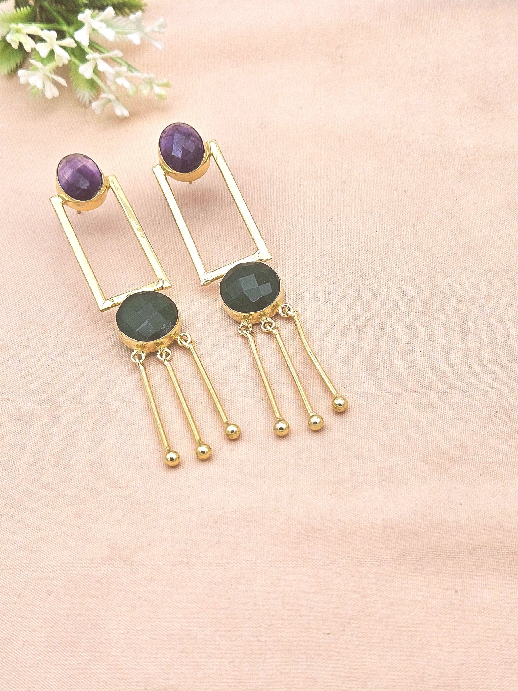 Elegant Gold Plated Amethyst-Green Onyx Long Dangle Earrings – Handmade Gemstone Jewelry