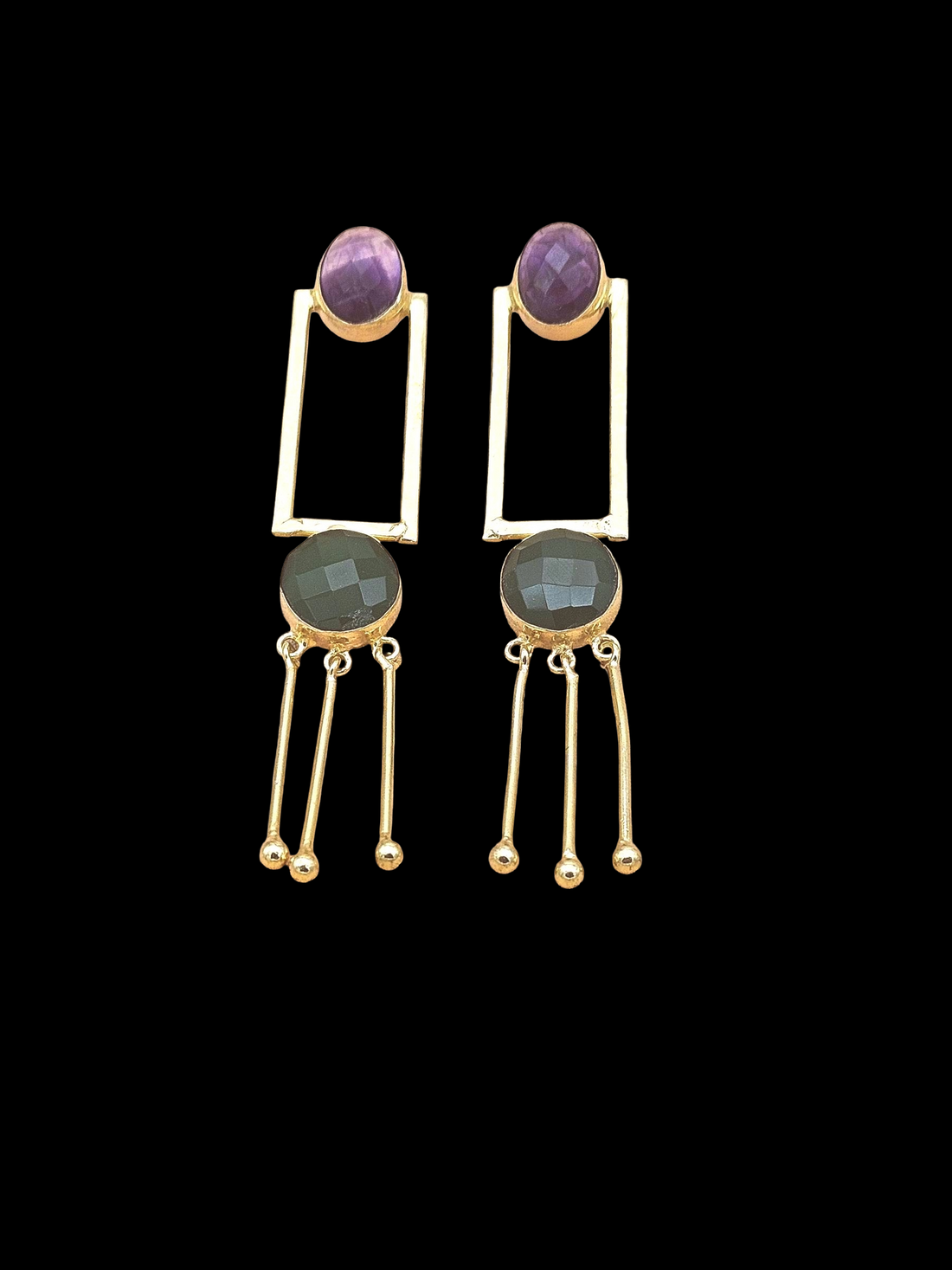 Elegant Gold Plated Amethyst-Green Onyx Long Dangle Earrings – Handmade Gemstone Jewelry