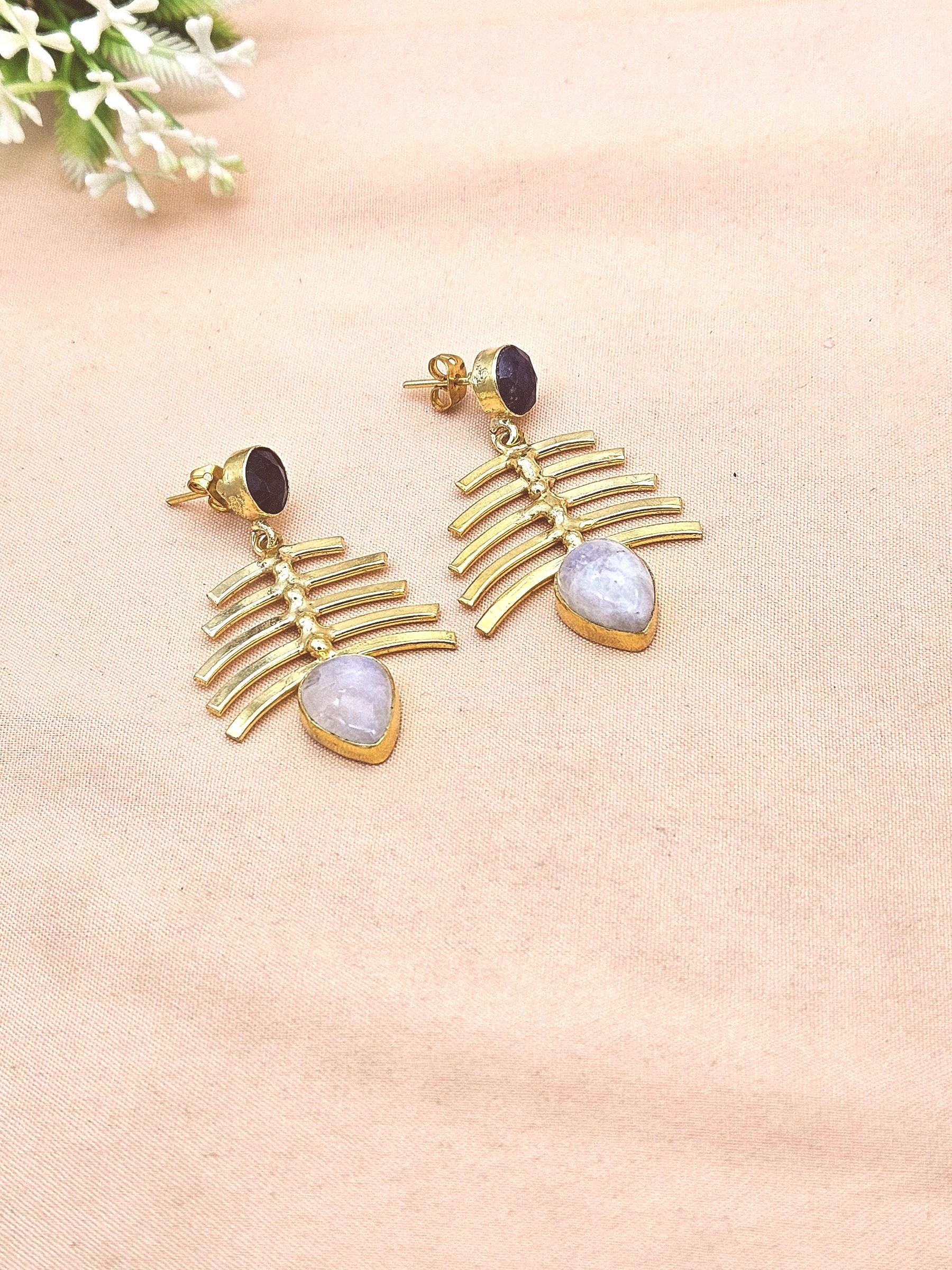 Stylish Gold Plated White Rainbow-Blue Hathipara Earrings – Elegant Designer Drops