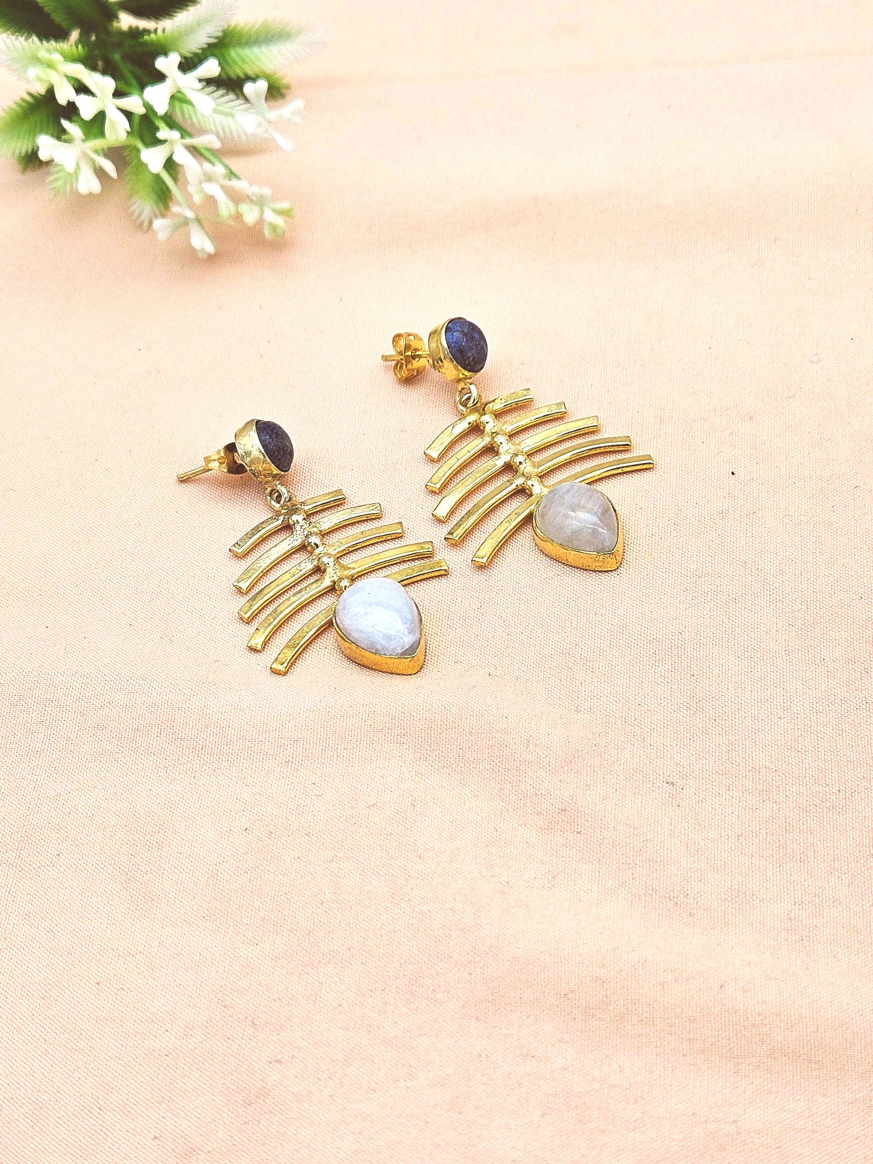 Stylish Gold Plated White Rainbow-Lapis Earrings – Elegant Designer Drops