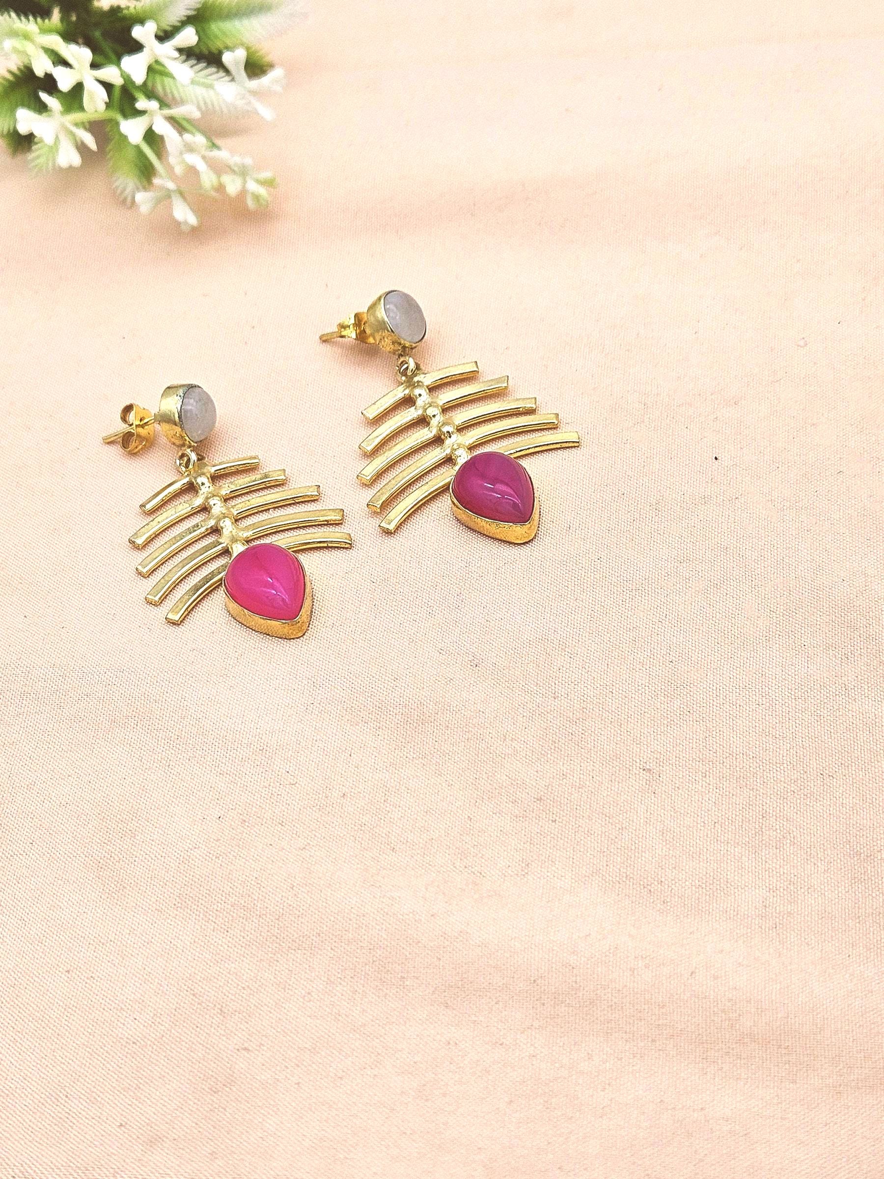 Stylish Gold Plated Pink Onyx-White Rainbow Earrings – Elegant Designer Drops