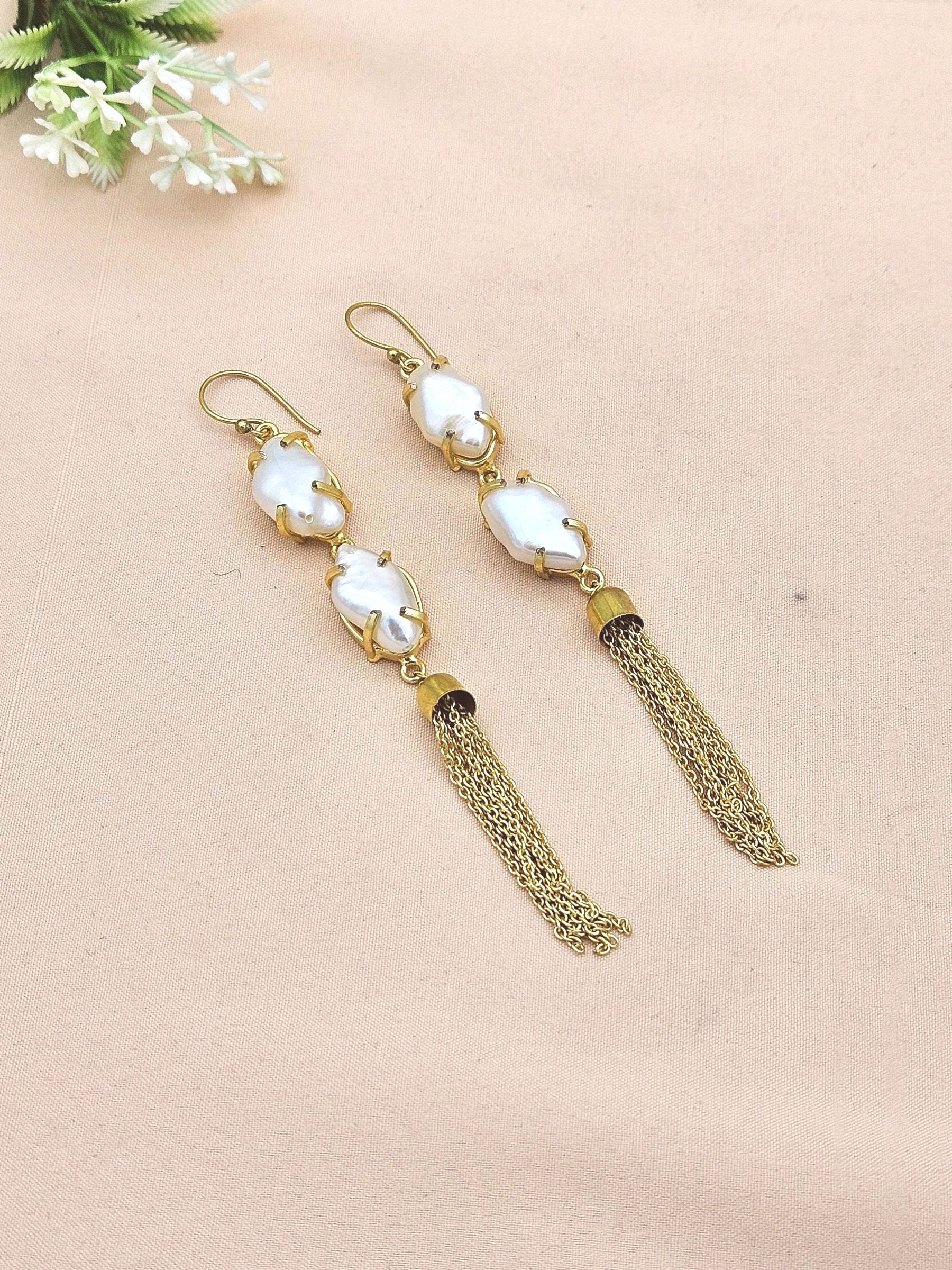 Handcrafted Gold Plated Dangle Earrings –Baroque pearl Prong Setting Hanging Chain Jewelry