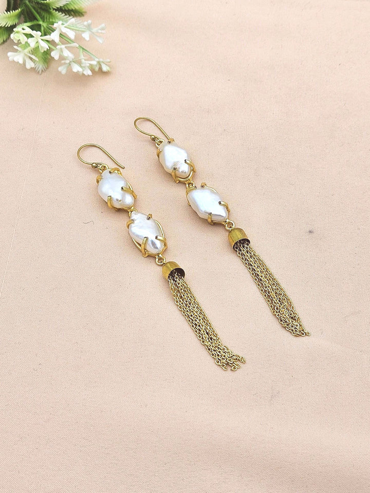 Handcrafted Gold Plated Dangle Earrings –Baroque pearl Prong Setting Hanging Chain Jewelry