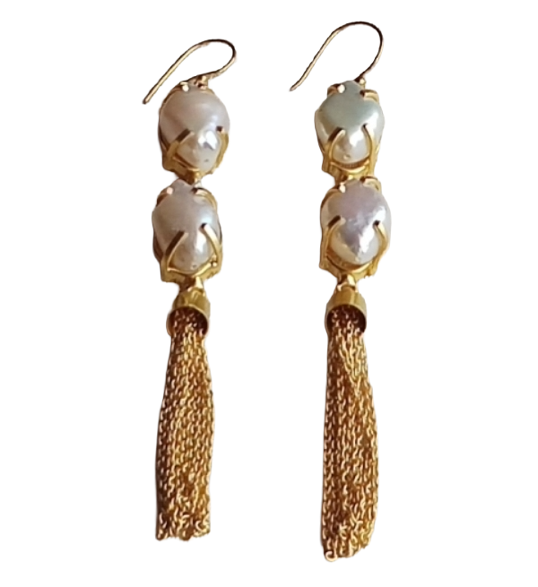 Handcrafted Gold Plated Dangle Earrings –Baroque pearl Prong Setting Hanging Chain Jewelry