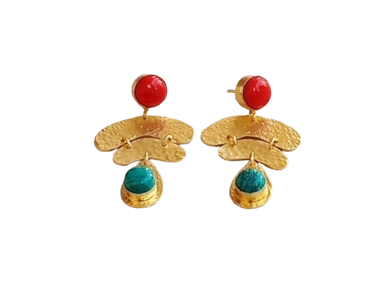 Awesome Gold Plated  Coral - Turquoise stone Charming  Designer Dangle Earrings
