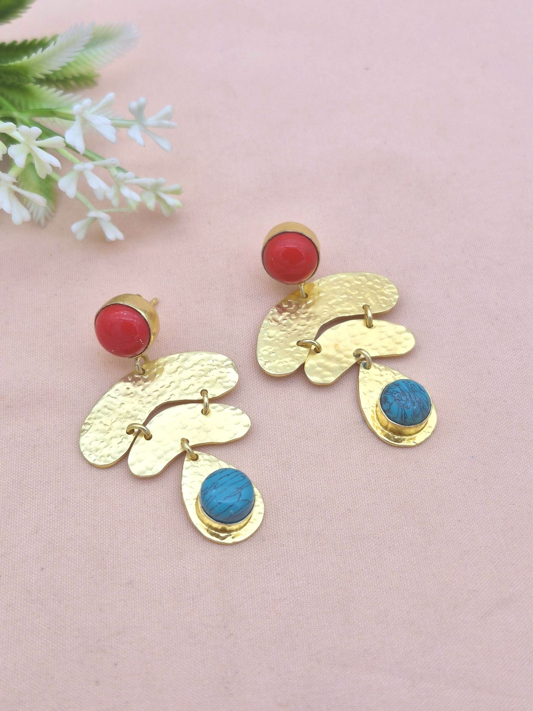 Awesome Gold Plated  Coral - Turquoise stone Charming  Designer Dangle Earrings