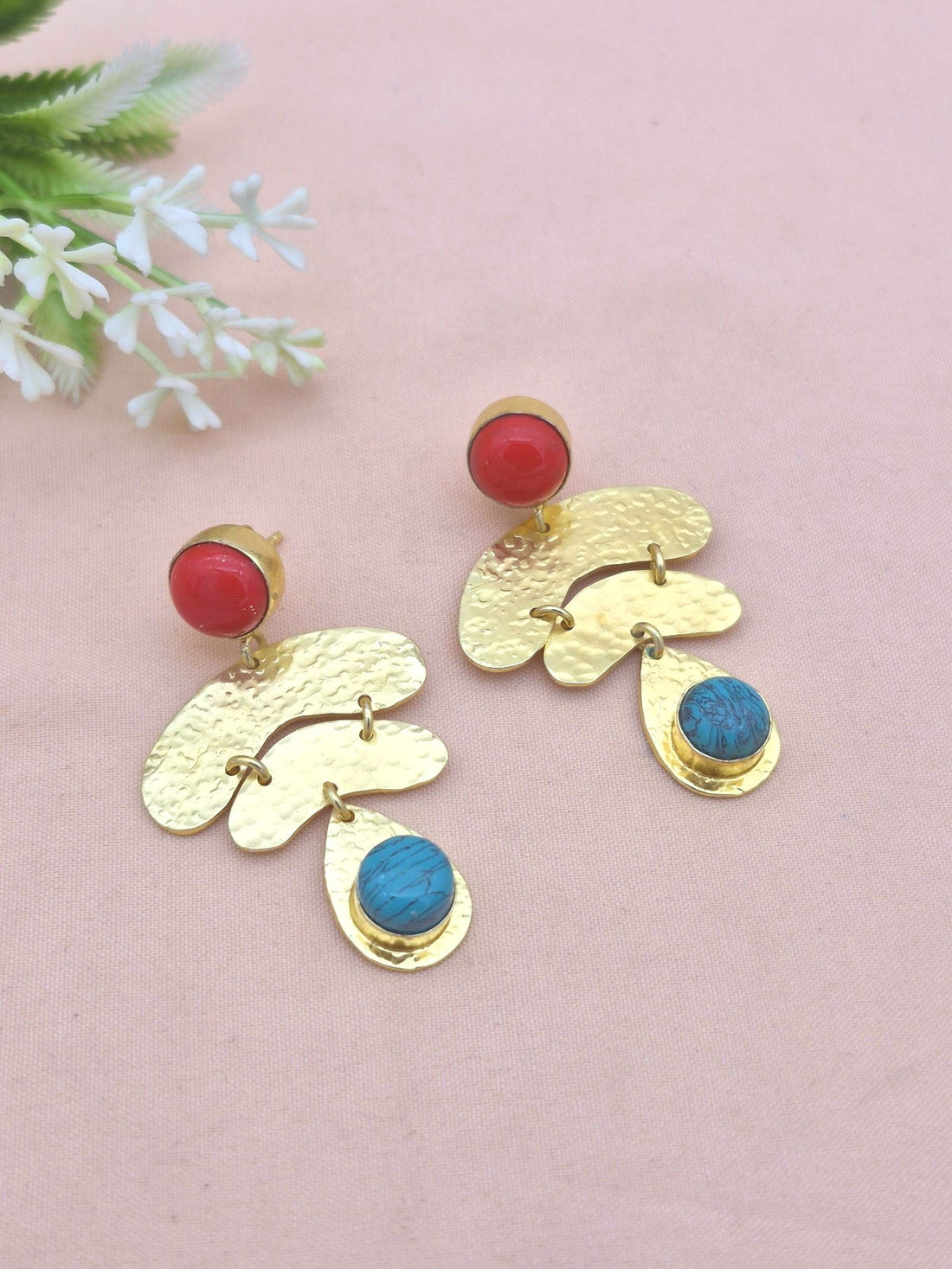 Awesome Gold Plated  Coral - Turquoise stone Charming  Designer Dangle Earrings