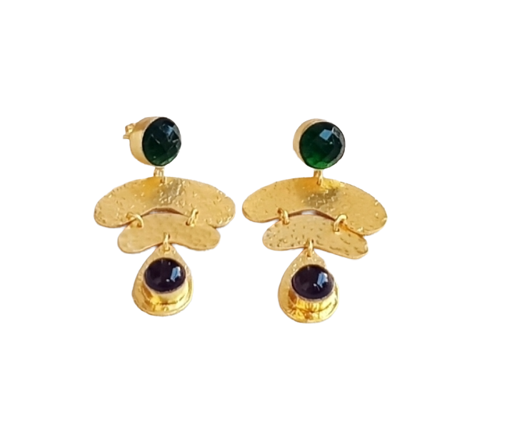Awesome Gold Plated Amethyst-Green Glass Stone Charming  Designer Dangle Earrings