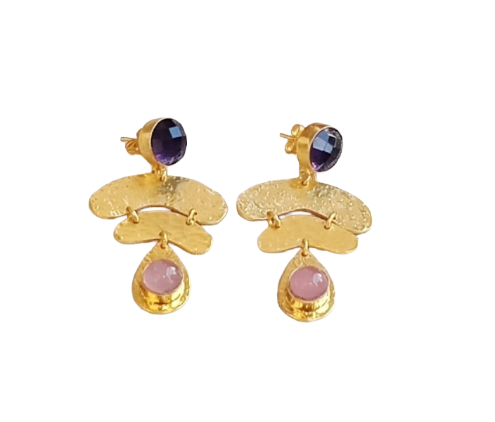 Awesome Gold Plated Amethyst-Rose Quartz Gemstone Charming  Designer Dangle Earrings