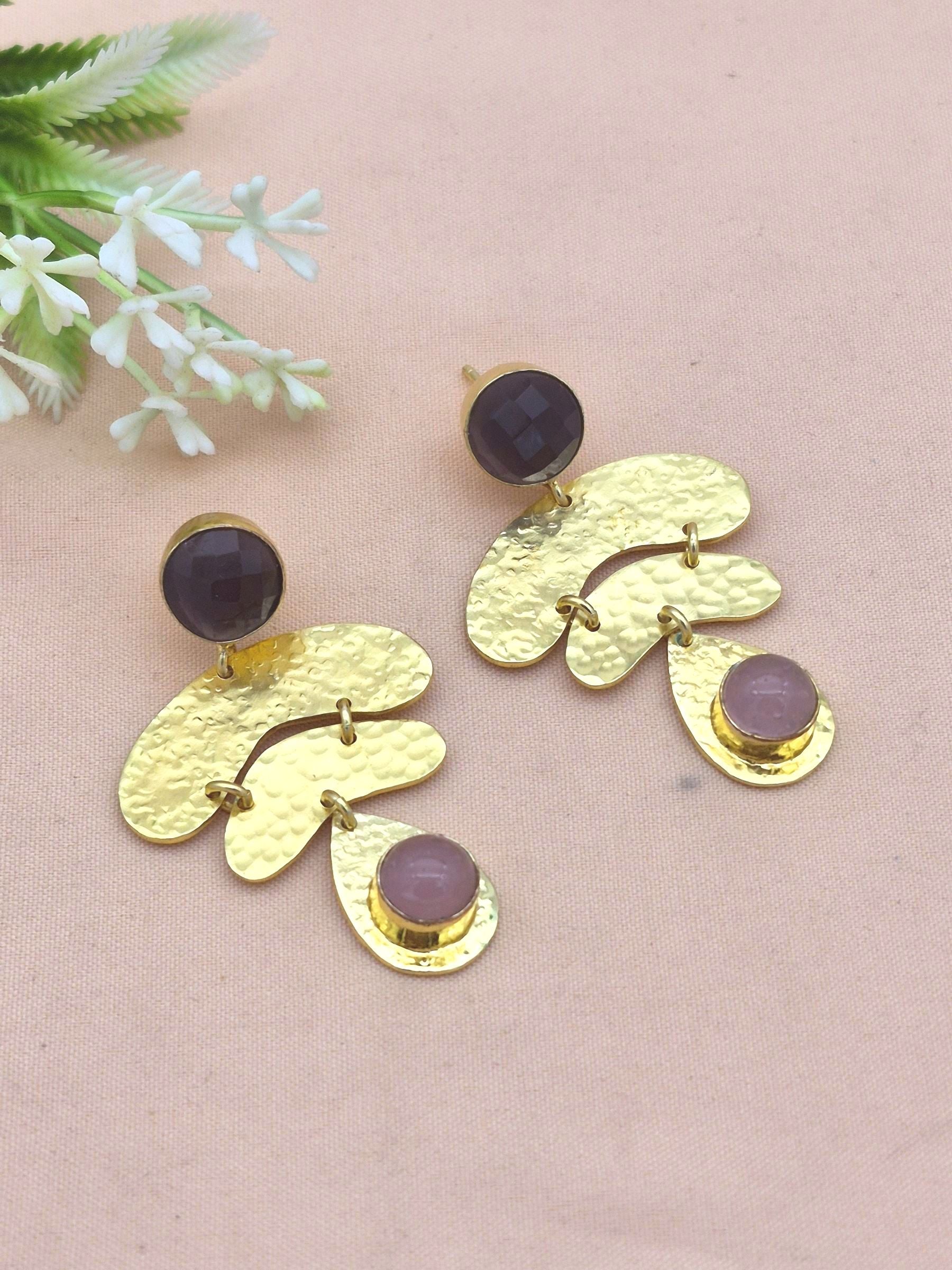 Awesome Gold Plated Amethyst-Rose Quartz Gemstone Charming  Designer Dangle Earrings