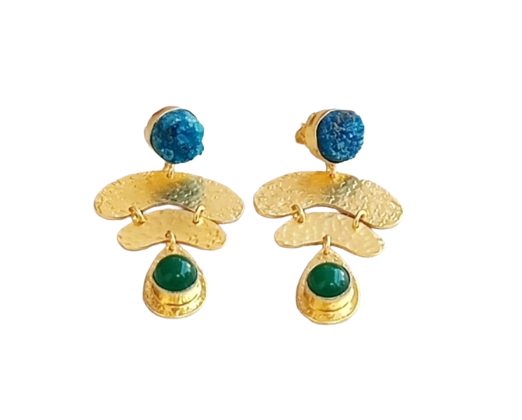 Awesome Gold Plated  Druzy-Green Onyx Gemstone Charming  Designer Dangle Earrings