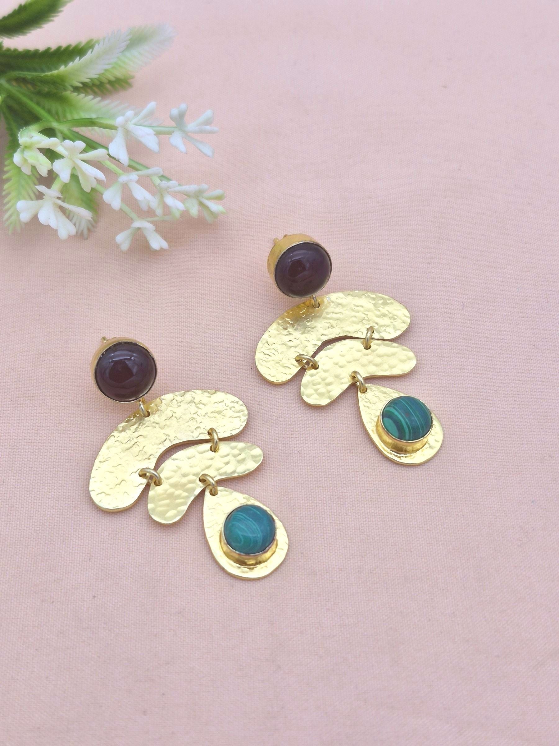 Awesome Gold Plated Malachite-Red Onyx Gemstone Charming  Designer Dangle Earrings