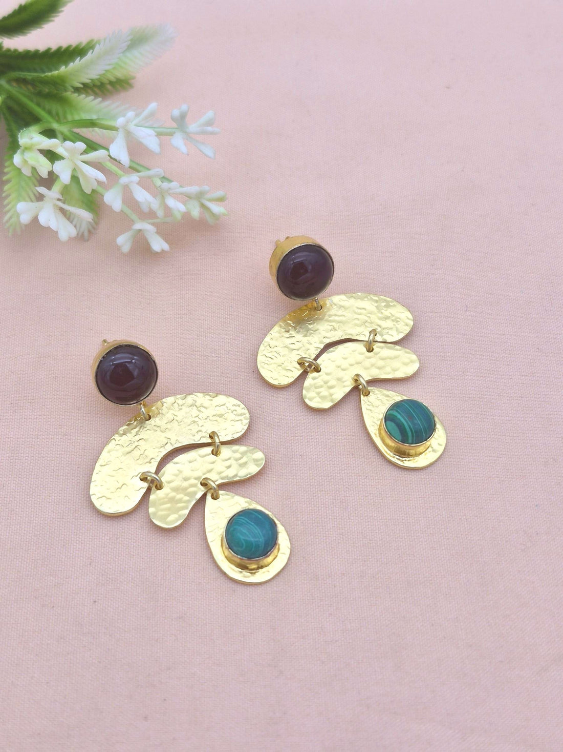 Awesome Gold Plated Malachite-Red Onyx Gemstone Charming  Designer Dangle Earrings