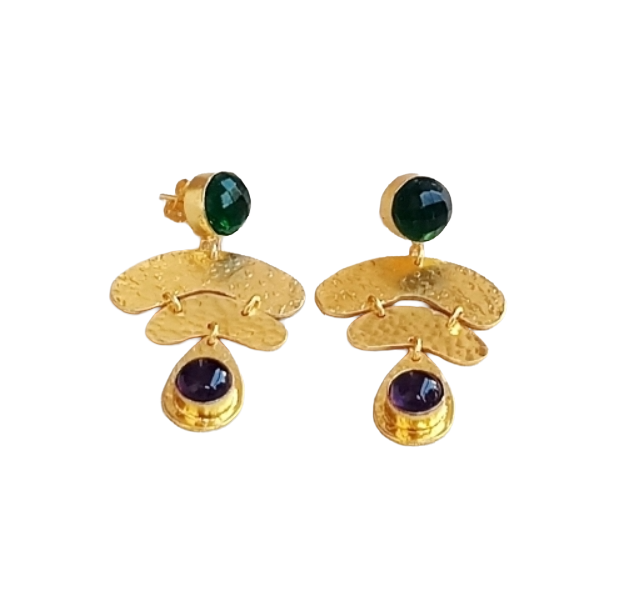 Awesome Gold Plated Green Glass-Amethyst stone Charming  Designer Dangle Earrings
