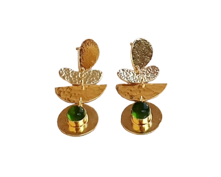Luxury Gold Plated Peridot Glass Dangle Earrings – Handcrafted Hammered Designer Style
