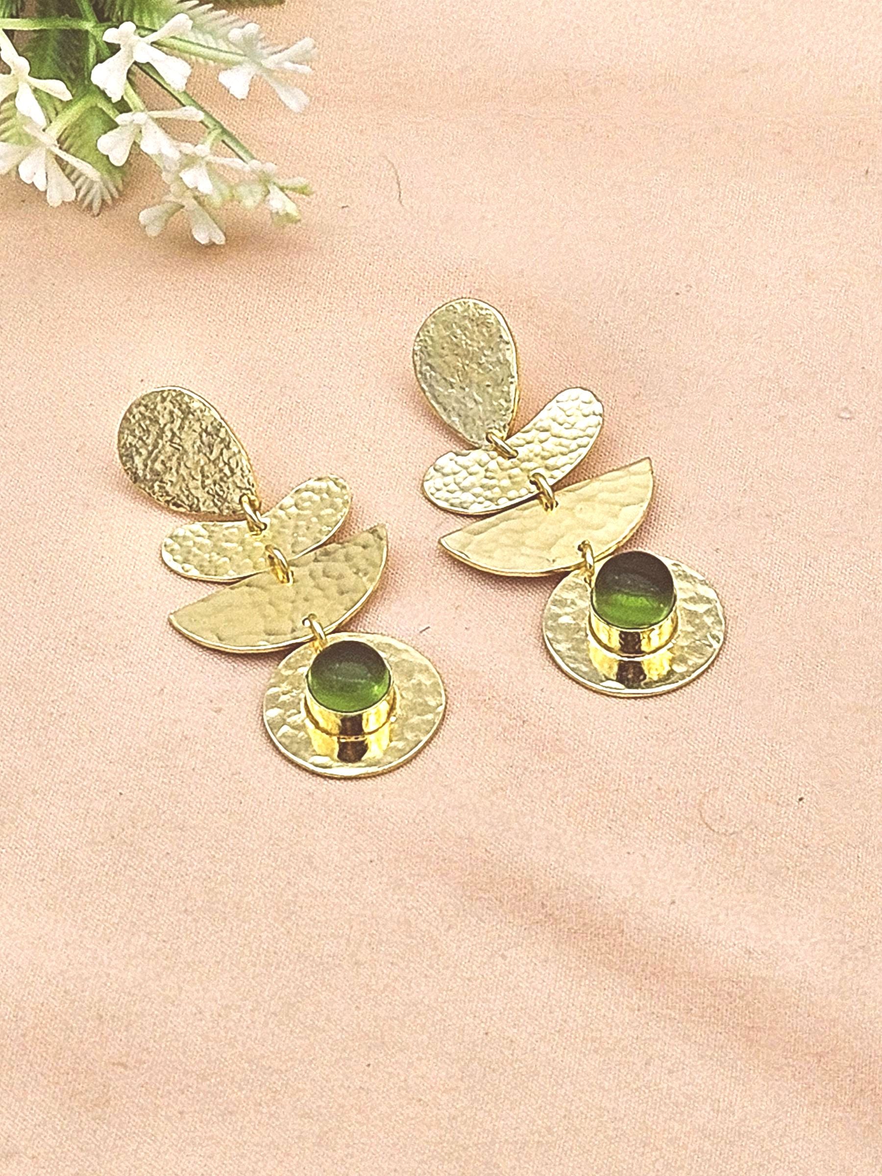 Luxury Gold Plated Peridot Glass Dangle Earrings – Handcrafted Hammered Designer Style